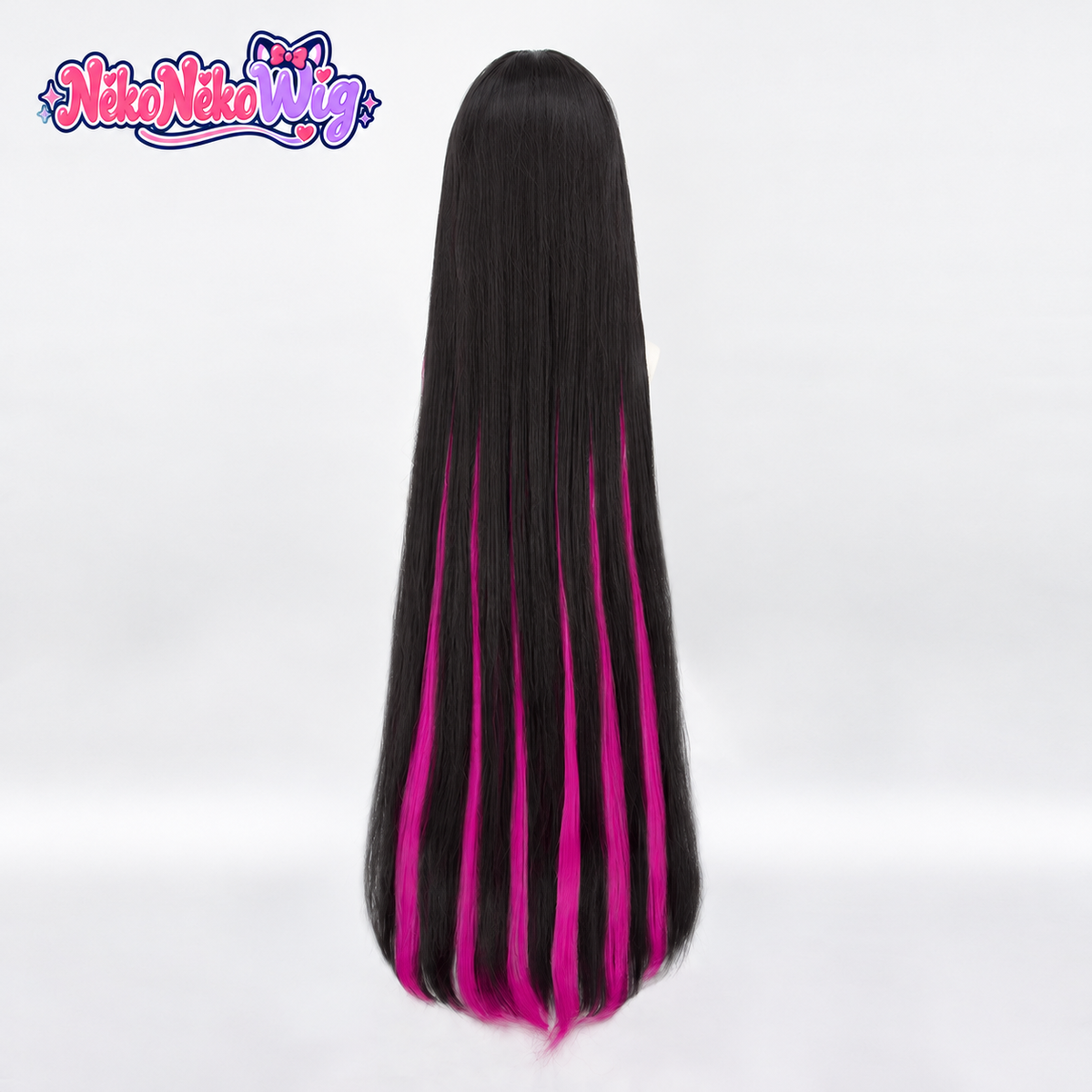 Columbina cosplay wig with long black and magenta layers, back view
