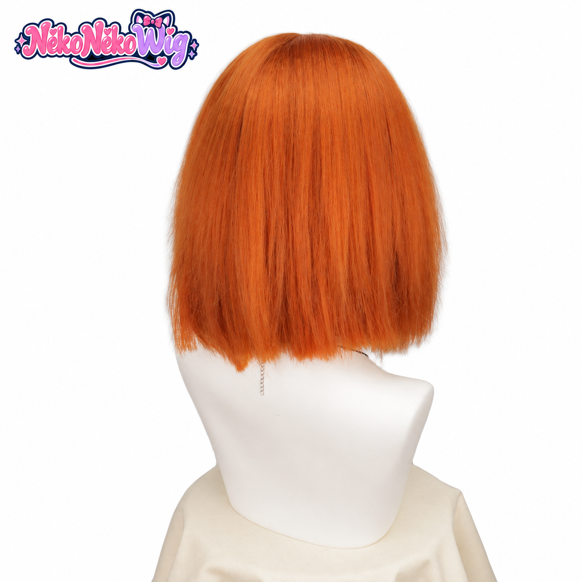 Ginger-orange bob costume wig, back view showing straight hair and full ends