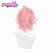 Diona dusty-pink cosplay wig with flipped layers and crown tuft, back view