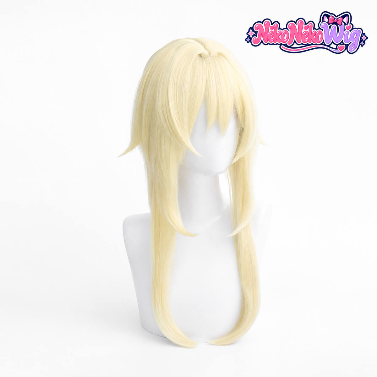Lumine blonde cosplay wig with layered fringe and long side sections, front view