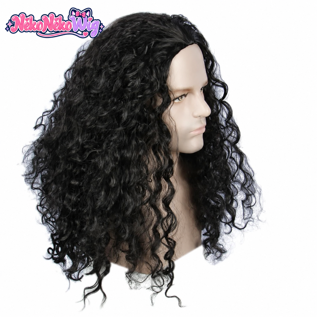 Maui-inspired black curly costume wig, right three-quarter view