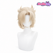 Albedo cosplay wig front view with blonde layers and half-up braid styling