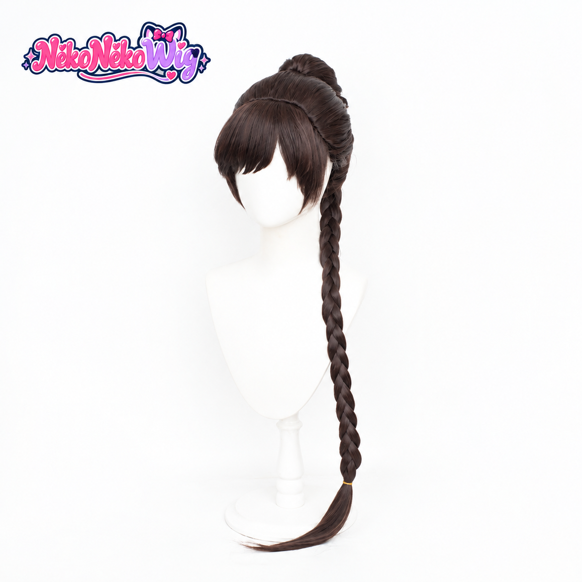 Young Xiao Wu cosplay wig front view with a brown bun and long clip-on braid