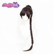 Young Xiao Wu cosplay wig front view with a brown bun and long clip-on braid