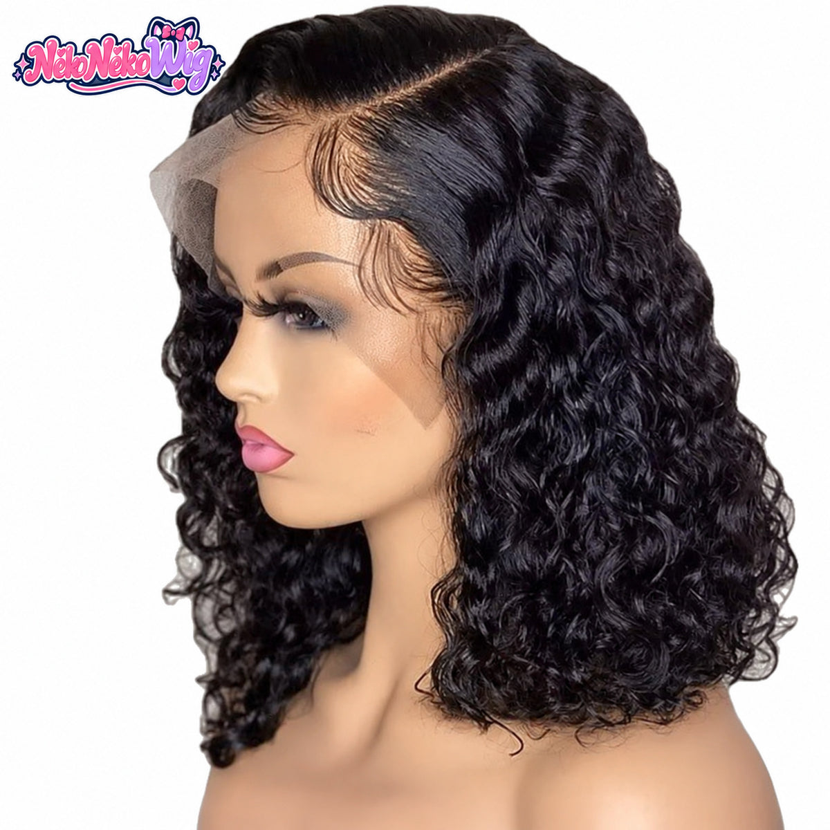 Black shoulder-length curly bob wig with side part, actual selected Black source variant on mannequin