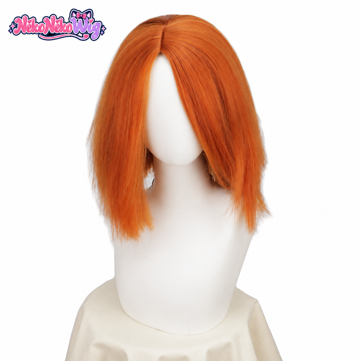 Chucky-inspired ginger-orange straight bob wig, front view on a mannequin