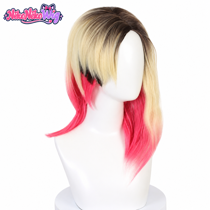 Gwen Stacy-inspired blonde and pink layered wig with dark roots, three-quarter view