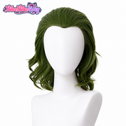 Joker-inspired olive green swept-back wavy wig, front view on a mannequin