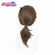 Mercenary brown low ponytail cosplay wig with layered ends, back view