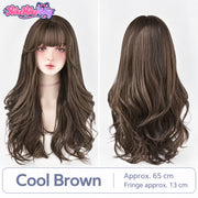 Cool Brown long wavy wig with bangs, actual front and back mannequin views