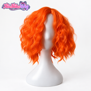 Mad Hatter-inspired orange curly bob wig, front view on a mannequin