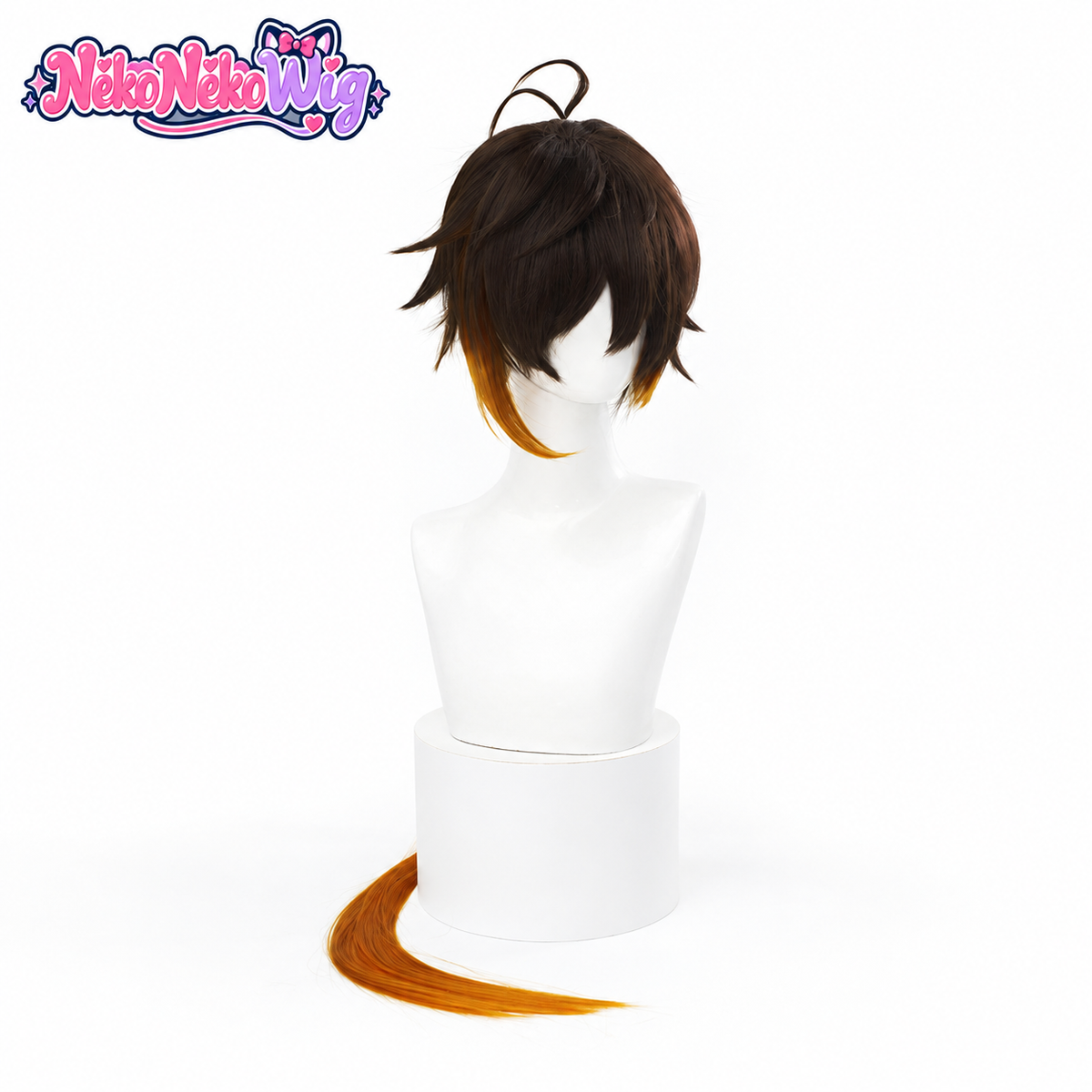 Genshin Impact Zhongli Cosplay Wig - Dark Brown and Amber Low Ponytail