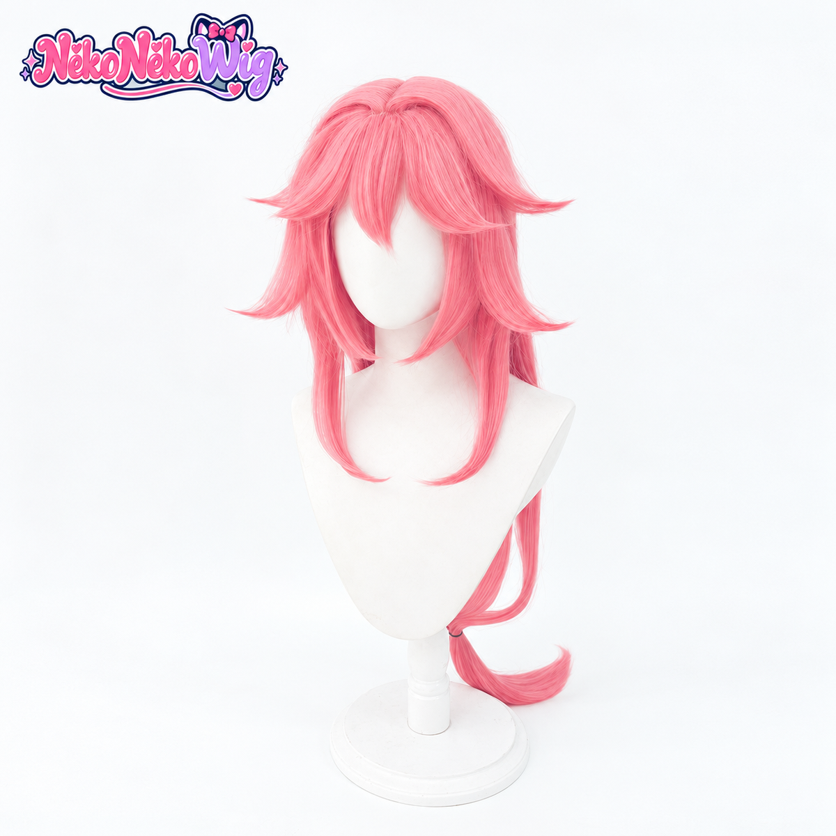 Yae Miko cosplay wig with long pink hair and outward-flipped layers, front view