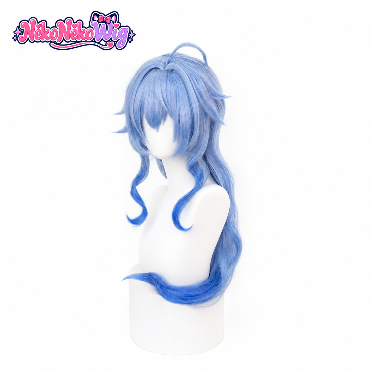 Ganyu cosplay wig with blue gradient layers and curled front sections - front view