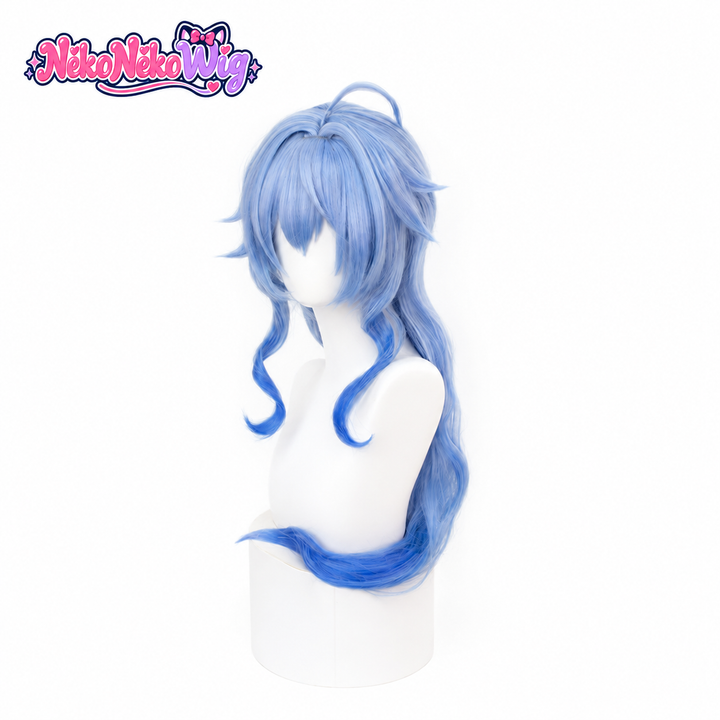 Ganyu cosplay wig with blue gradient layers and curled front sections - front view
