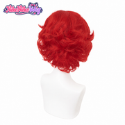 Fire Investigator red curly cosplay wig, back view