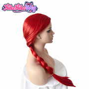 Red single-braid costume wig, side view on mannequin