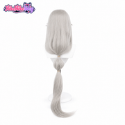 Rina silver-gray cosplay wig with gathered low ponytail, back view