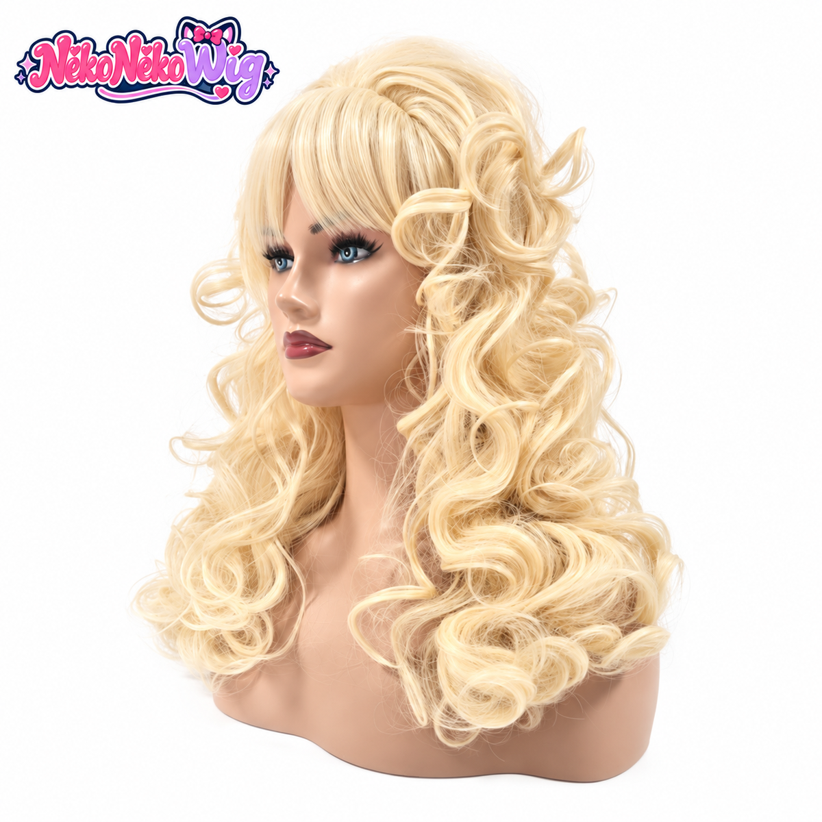 Blonde curly stage costume wig, side view showing layered curls