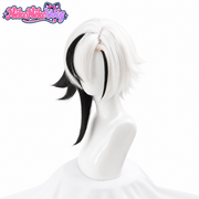 Arlecchino cosplay wig in white and black, front view of the short layered style