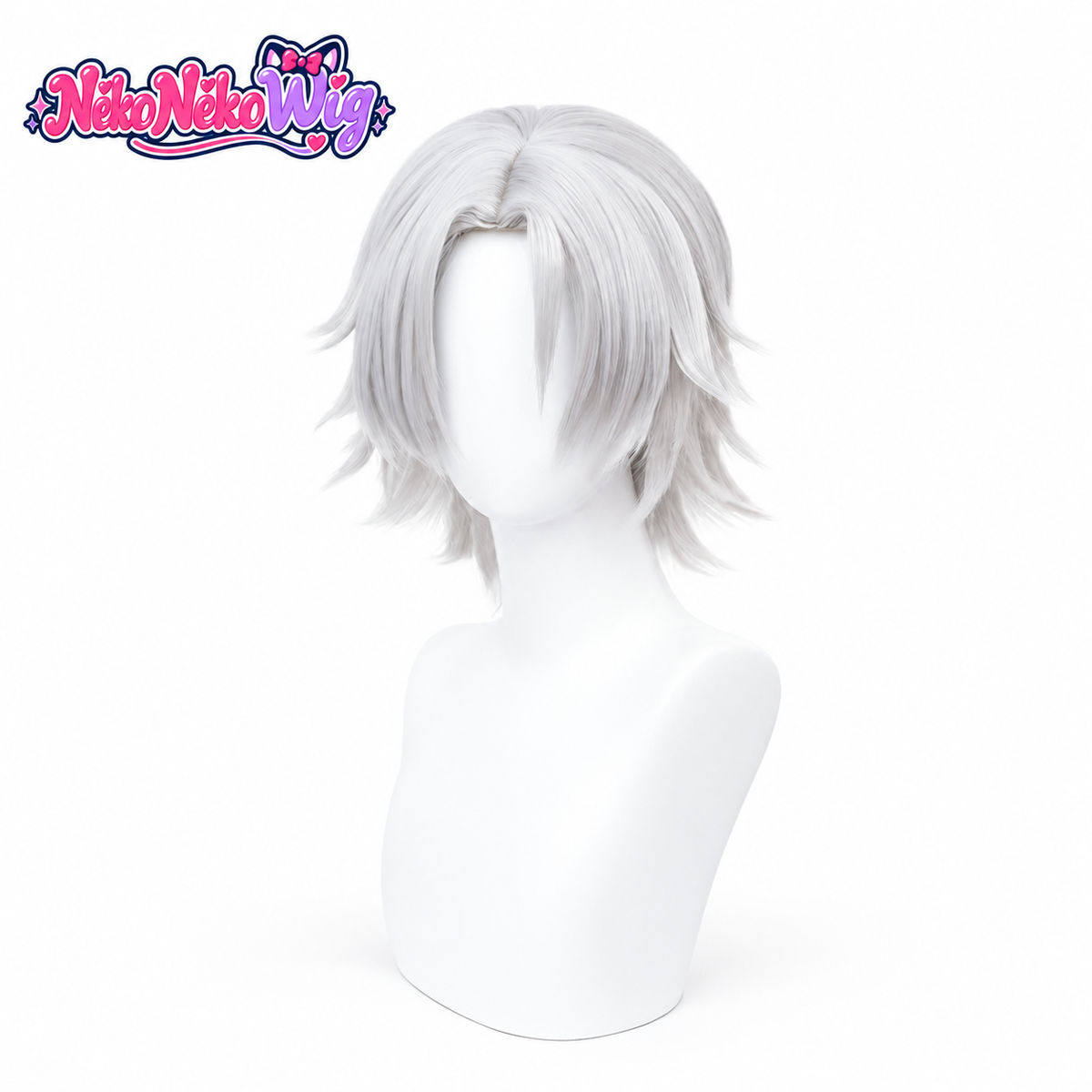 Hayato Gokudera short silver layered cosplay wig, front view