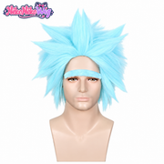 Light blue Rick-inspired spiky costume wig on mannequin