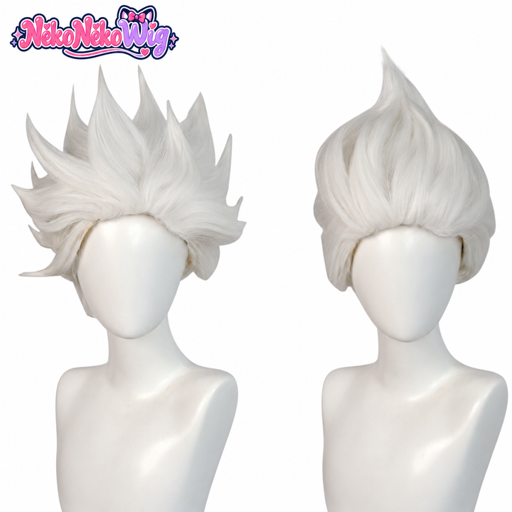 White Ursula-inspired swept-up spiky wig on mannequins