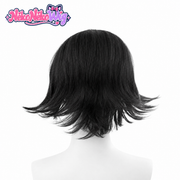 Ranpo Edogawa black layered cosplay wig with flipped ends, back view
