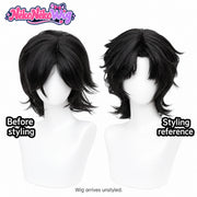 Hei Xiazi black wig before styling and styling reference; wig arrives unstyled