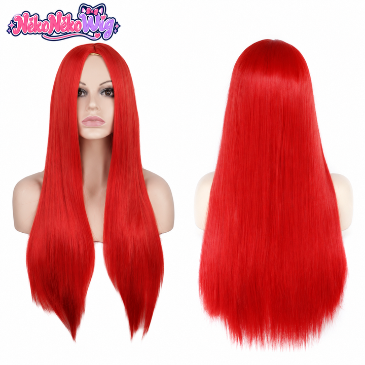 Sally-inspired long red straight wig, front and back on mannequins
