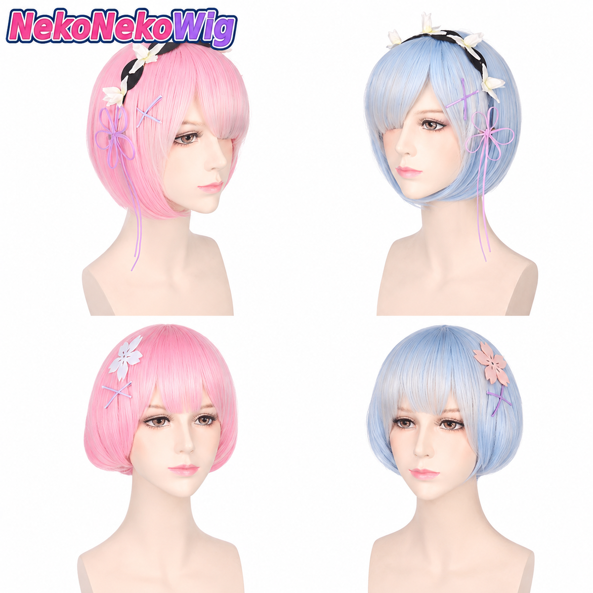 Re:ZERO Ram & Rem Cosplay Wig – Pink & Blue Character Styles with Accessories