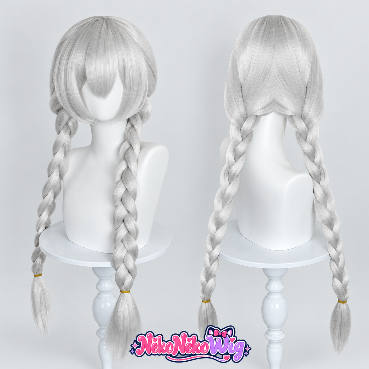 Judy Hopps silver-gray cosplay wig with long twin braids, full fringe and gold-tone ties, front and back views