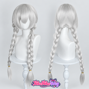Judy Hopps silver-gray cosplay wig with long twin braids, full fringe and gold-tone ties, front and back views
