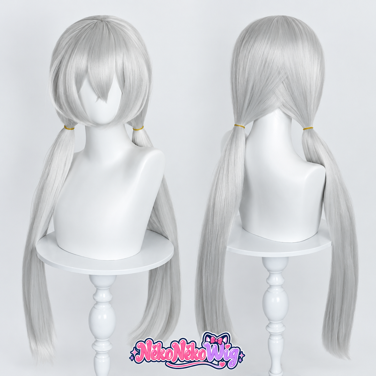 Judy Hopps silver-gray cosplay wig with long loose twin ponytails and full fringe, front and back views