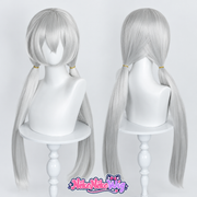 Judy Hopps silver-gray cosplay wig with long loose twin ponytails and full fringe, front and back views