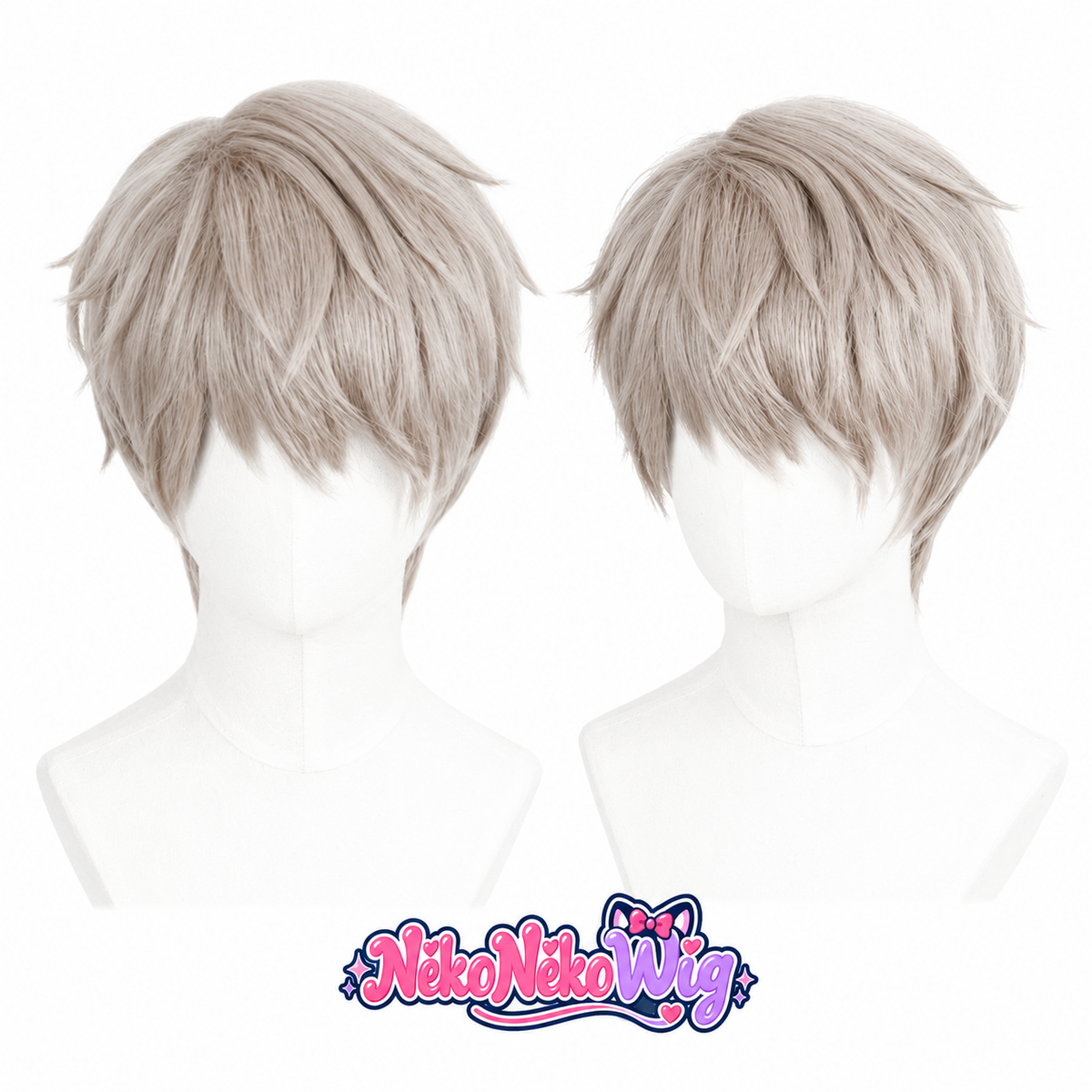 An ash gray short cosplay wig with a layered fringe, textured crown and outward-flipped tips. NekoNekoWig product view.