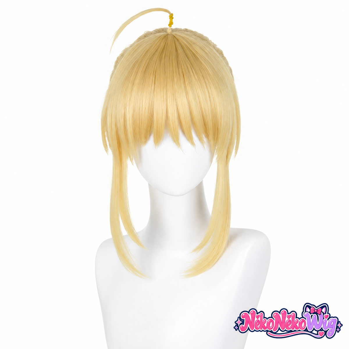 A golden blonde cosplay wig with a pointed fringe, long face-framing sections and a curved upright strand. NekoNekoWig product view.
