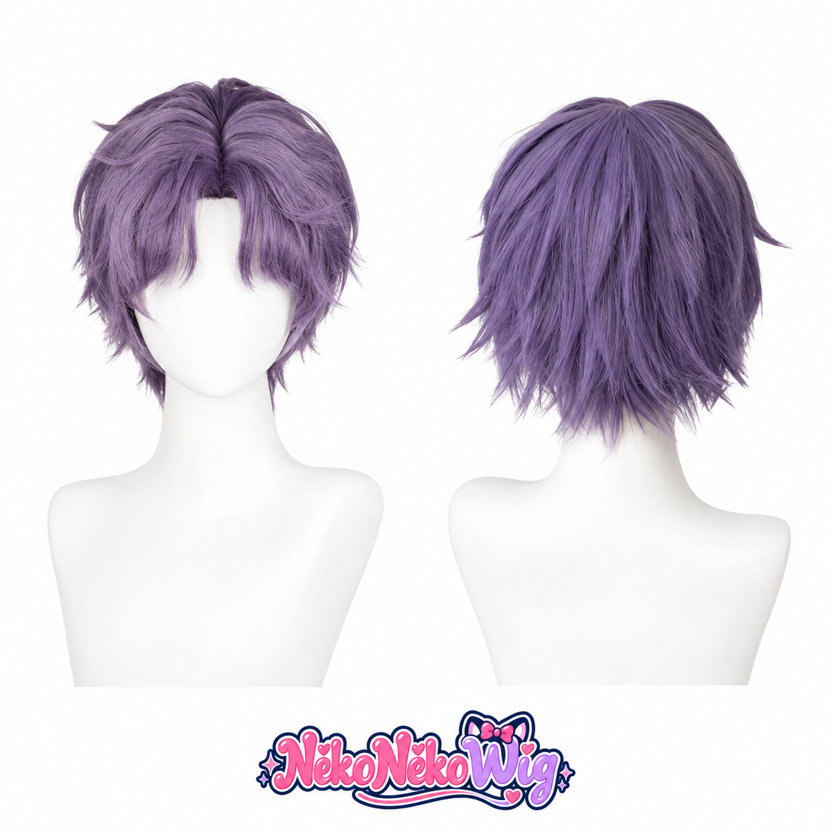 A short purple cosplay wig with a center part, layered sides and lightly flicked ends. NekoNekoWig product view.