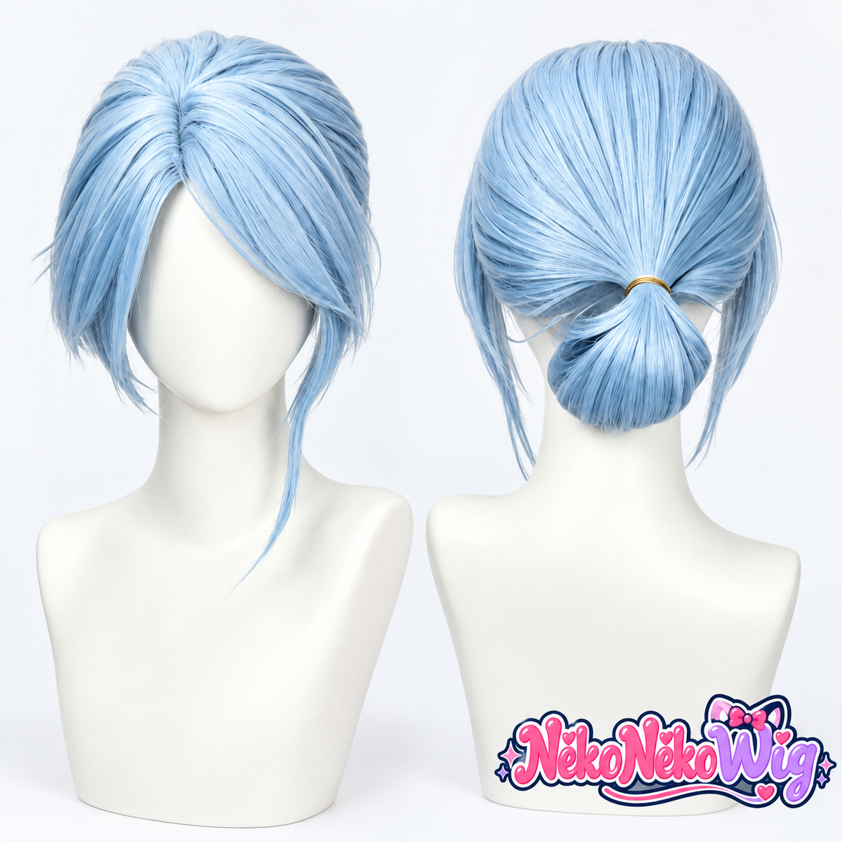 An ice blue cosplay wig with a center part, sweeping front sections and a folded low-bun silhouette, style by Wen Xiaohui. NekoNekoWig product view.