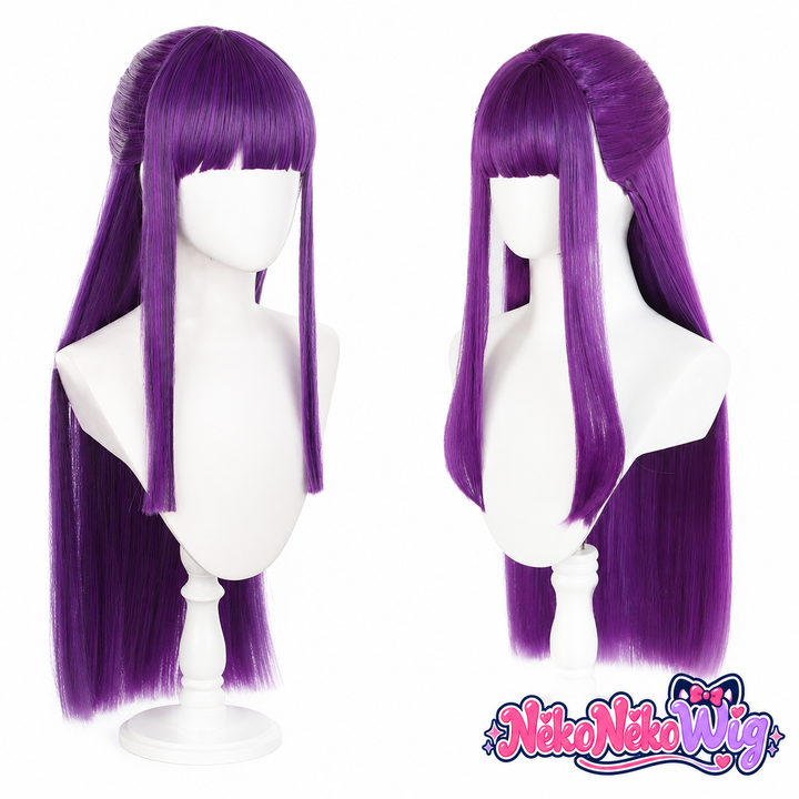 Fern purple long straight cosplay wig with blunt bangs and a half-up silhouette