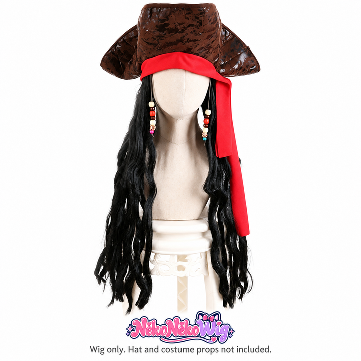 Long black curly pirate costume wig on a mannequin; hat, headband, beads and costume props are not included
