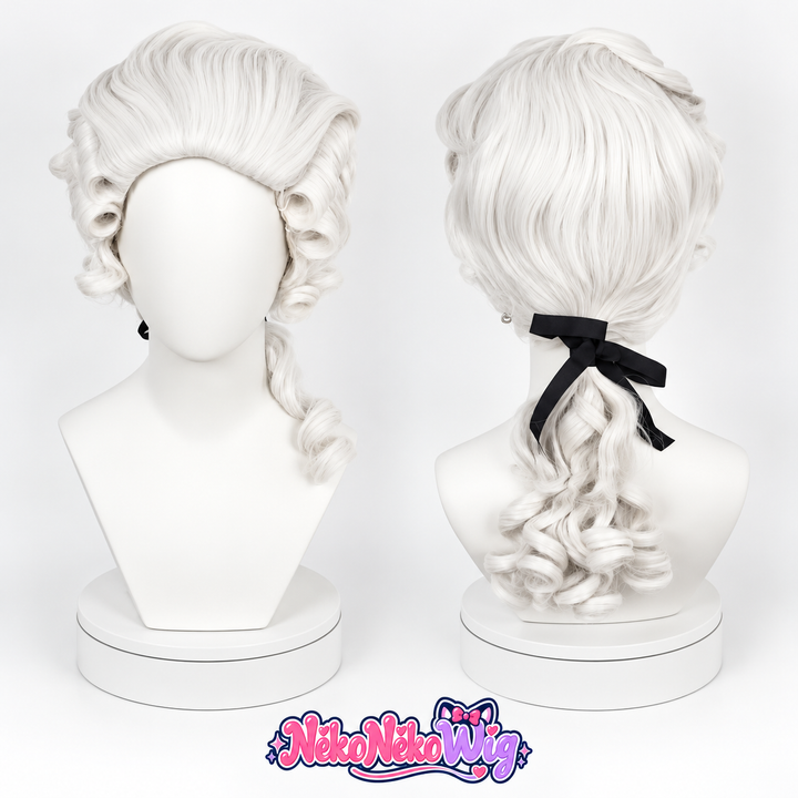 White baroque costume wig with swept-back top, rolled side curls and low curled ponytail, front and rear views